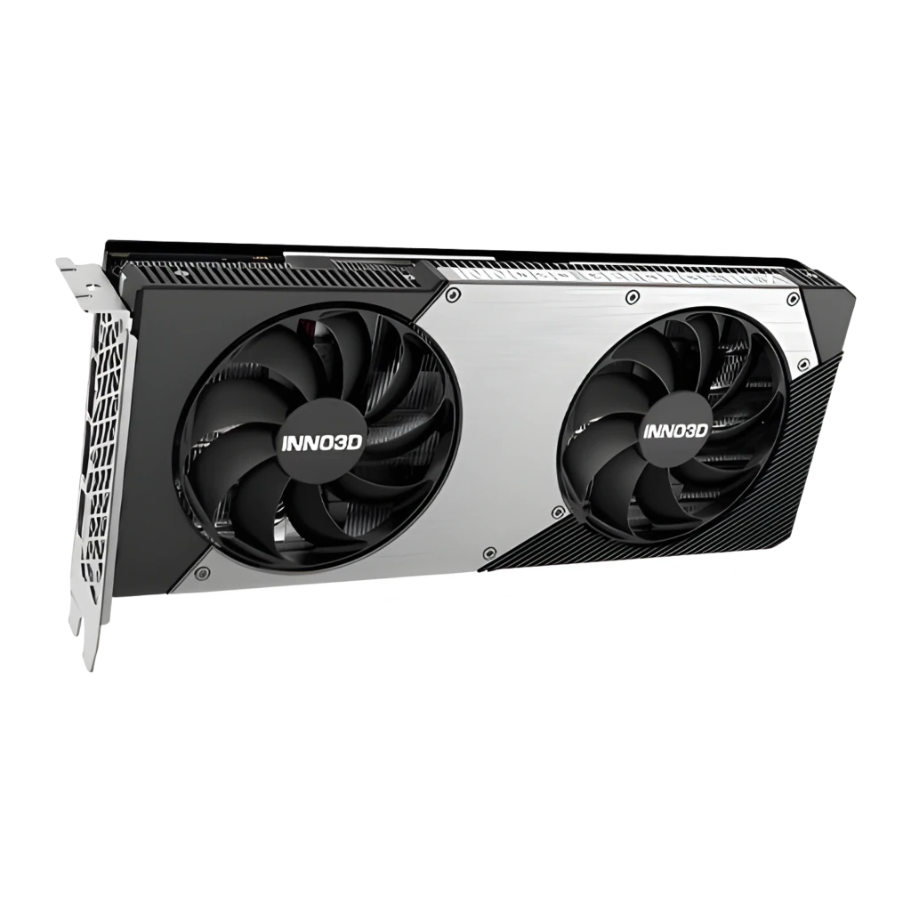 Inno3D GeForce RTX 5070 Twin X2 OC preta, vista frontal com caixa: placa e embalagem preta com dois ventoinhas e logo Inno3D - Item2