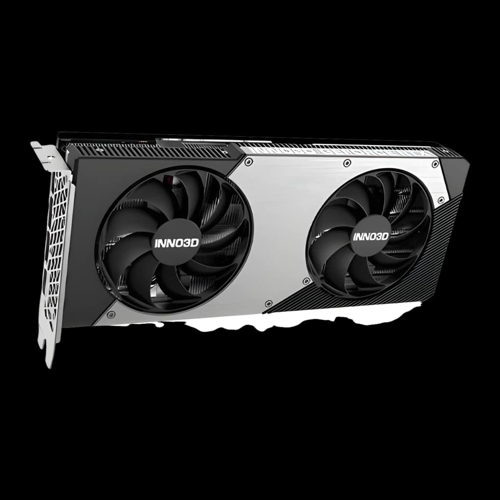 Inno3D GeForce RTX 5070 Twin X2 OC negra, vista frontal en ángulo: dos ventiladores con logo INNO3D y carcasa plateada
