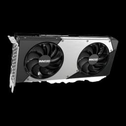 Inno3D GeForce RTX 5070 Twin X2 OC negra, vista frontal en ángulo: dos ventiladores con logo INNO3D y carcasa plateada