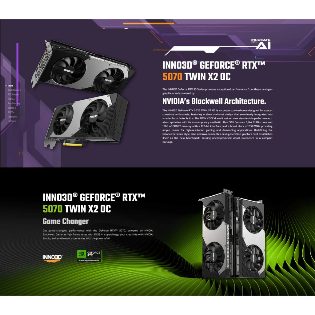 Inno3D GeForce RTX 5070 Twin X2 OC preta, vista frontal com caixa: placa e embalagem preta com dois ventoinhas e logo Inno3D - Item3