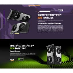Inno3D GeForce RTX 5070 Twin X2 OC negra, infografía: dos vistas de la tarjeta con especificaciones y arquitectura Blackwell