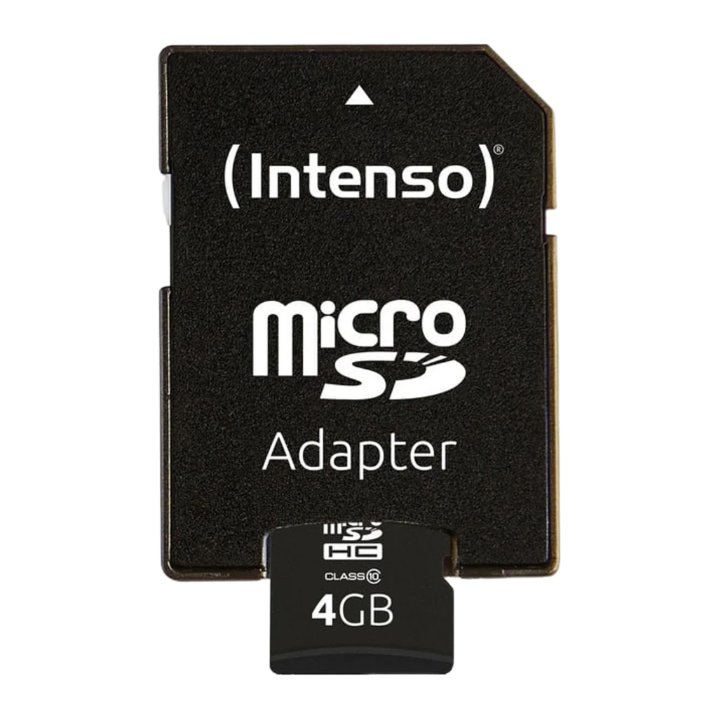 Intenso MicroSDHC 4GB Class 4 noir, vue de face: face avec logo, icône microSDHC et capacité 4GB - Ítem1