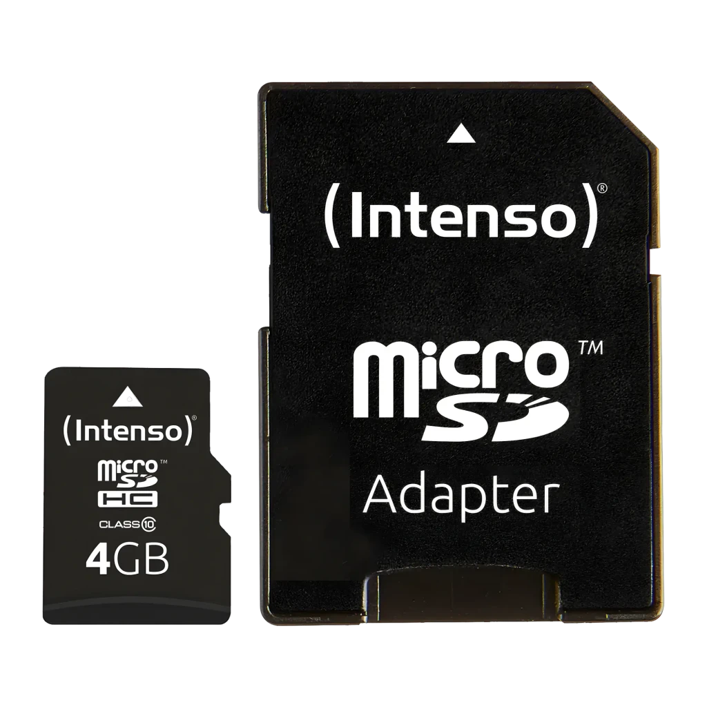 Intenso MicroSDHC 4GB Class 4 noir, vue de face: face avec logo, icône microSDHC et capacité 4GB - Ítem3