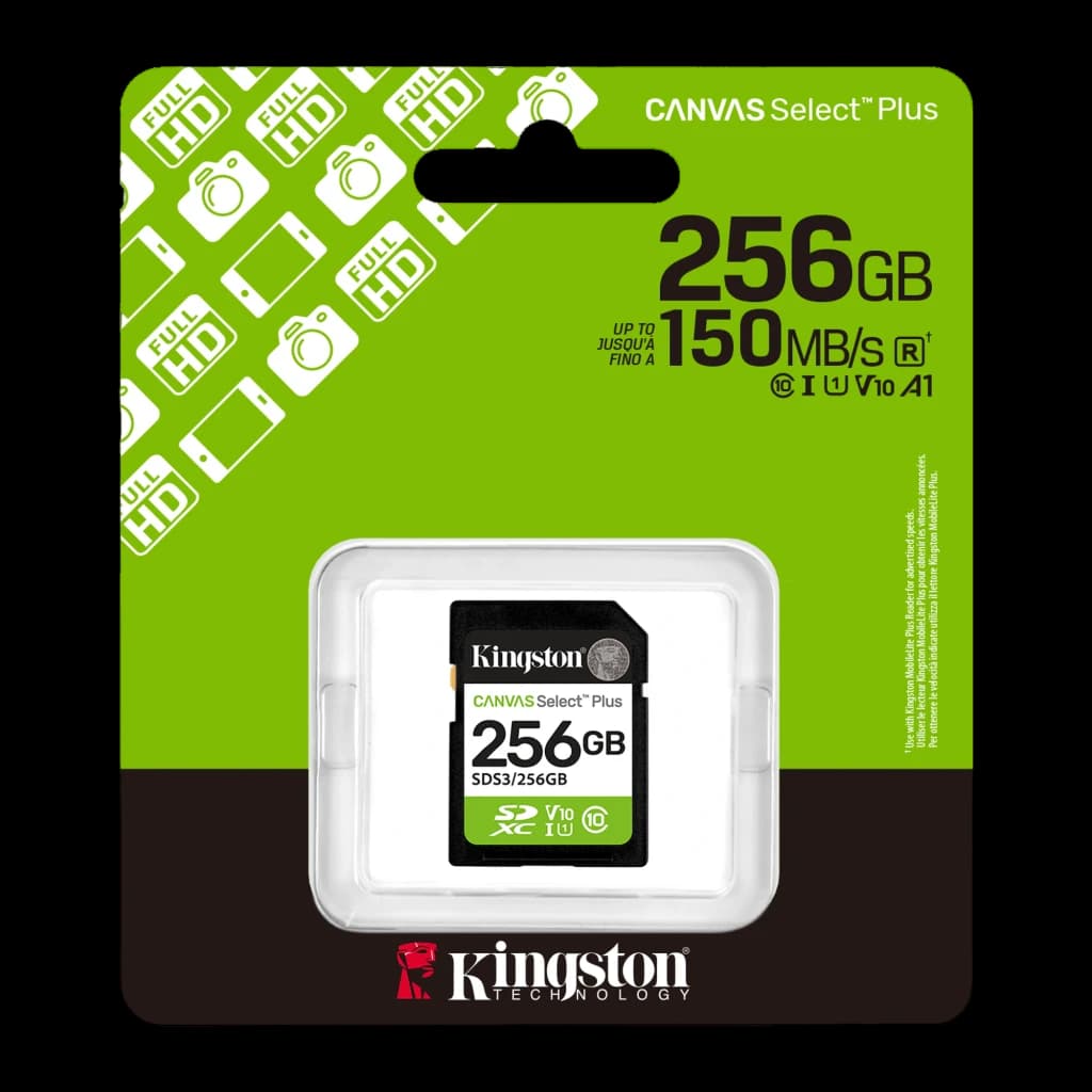 Kingston Canvas Select Plus SDXC 256GB, emballage avant: boîte verte avec carte SD en blister, 150MB/s U1 V10