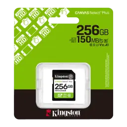 Kingston Canvas Select Plus SDXC 256GB, emballage avant: boîte verte avec carte SD en blister, 150MB/s U1 V10