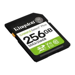 Kingston Canvas Select Plus SDXC 256GB vert noir blanc, vue en angle: perspective inclinée montrant l'épaisseur et le