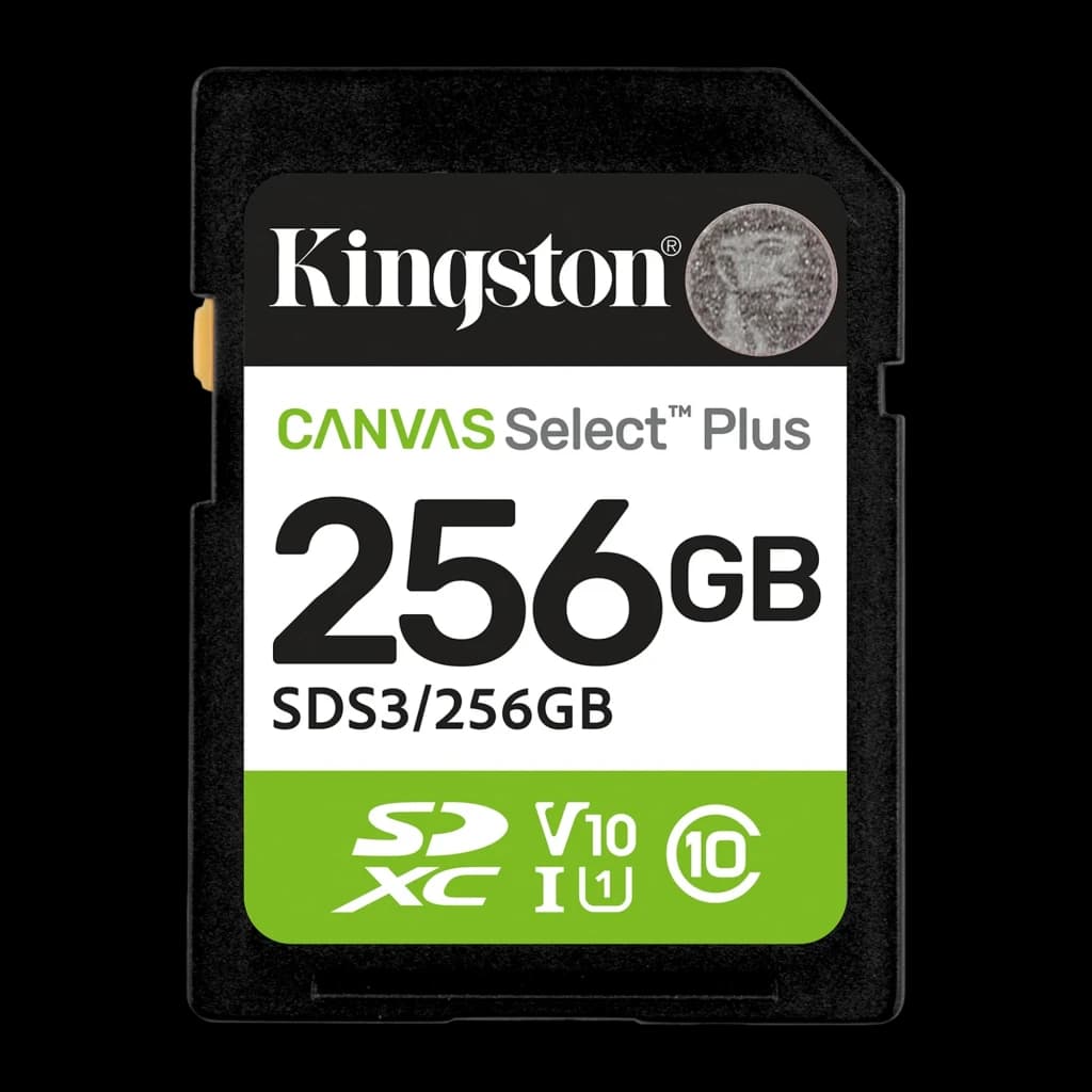 Kingston Canvas Select Plus SDXC 256GB vert noir blanc, vue de face: étiquette avec logo, capacité 256GB et classifications
