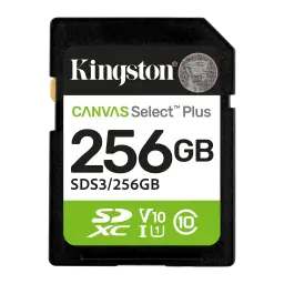 Kingston Canvas Select Plus SDXC 256GB vert noir blanc, vue de face: étiquette avec logo, capacité 256GB et classifications