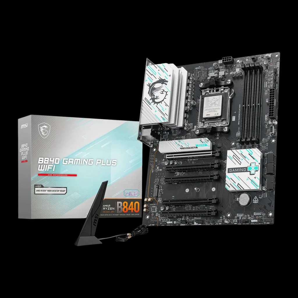 MSI B840 Gaming Plus WiFi negro/plateado, kit con caja: placa base, caja de producto y antena WiFi incluida