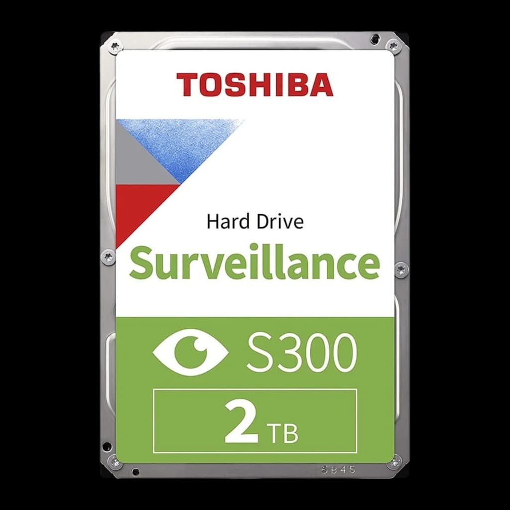 Toshiba S300 Surveillance 2TB, vista frontal: etiqueta com logo, faixa verde S300 e ícone de olho