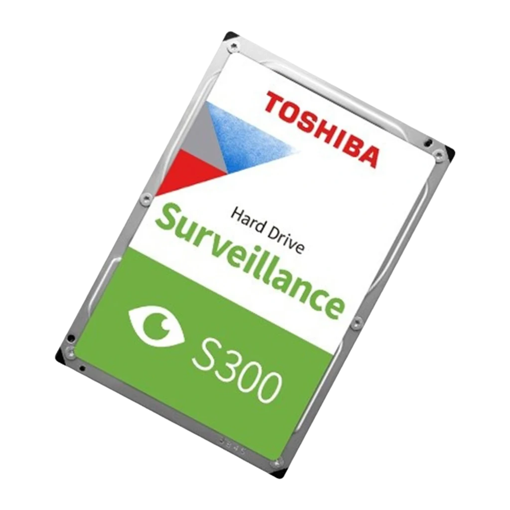 Toshiba S300 Surveillance 2TB, vista frontal: etiqueta com logo, faixa verde S300 e ícone de olho - Item1