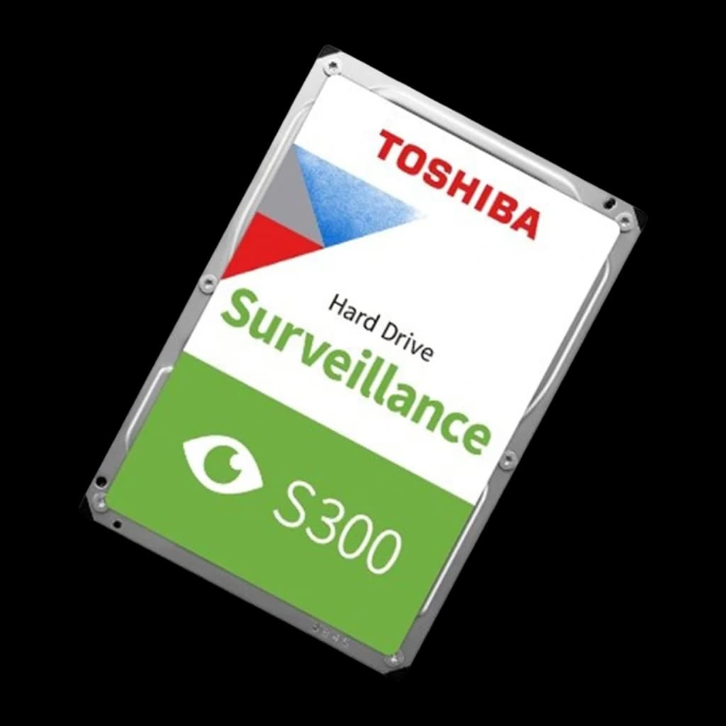Toshiba S300 Surveillance 2TB, vista em ângulo diagonal: carcaça prateada 3,5" e etiqueta inclinada