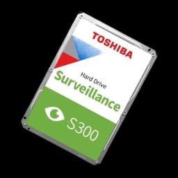 Toshiba S300 Surveillance 2TB, vista em ângulo diagonal: carcaça prateada 3,5" e etiqueta inclinada