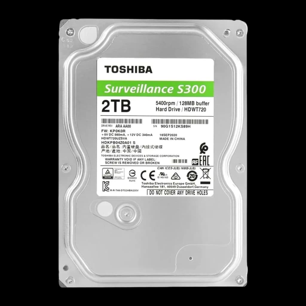 Toshiba S300 Surveillance 2TB, vista traseira: etiqueta técnica com especificações, 5400rpm e 128MB buffer