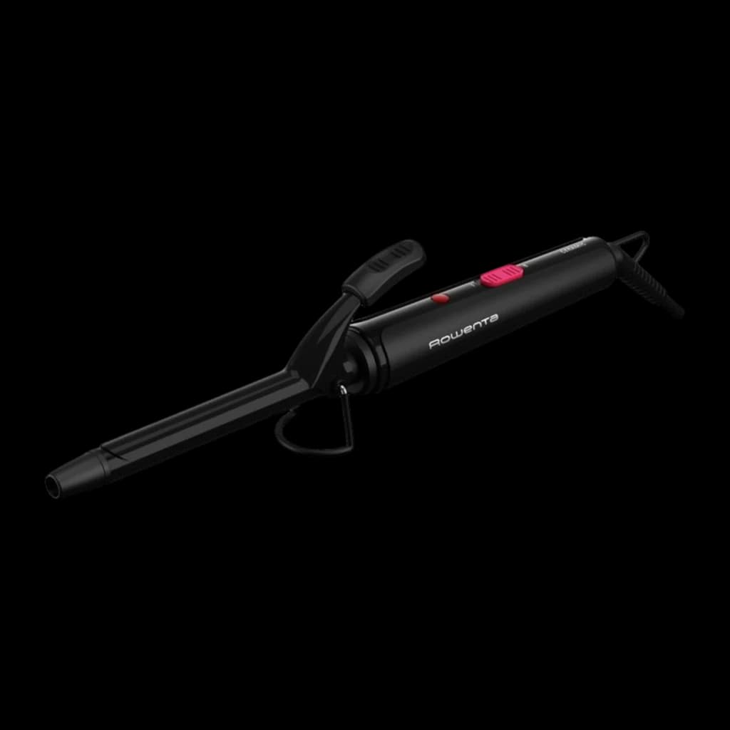 Rowenta Rizador CF2119 Express Style Negro, vista principal: rizador diagonal con pinza cerrada y botón rosa visible