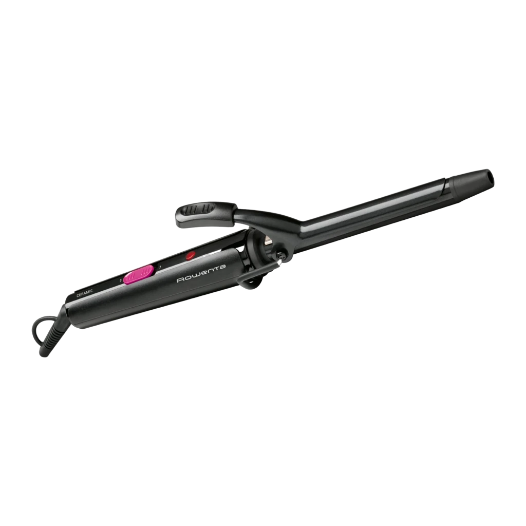 Rowenta Modelador CF2119 Express Style Preto, vista principal: modelador diagonal com pinça fechada e botão rosa visível - Item1