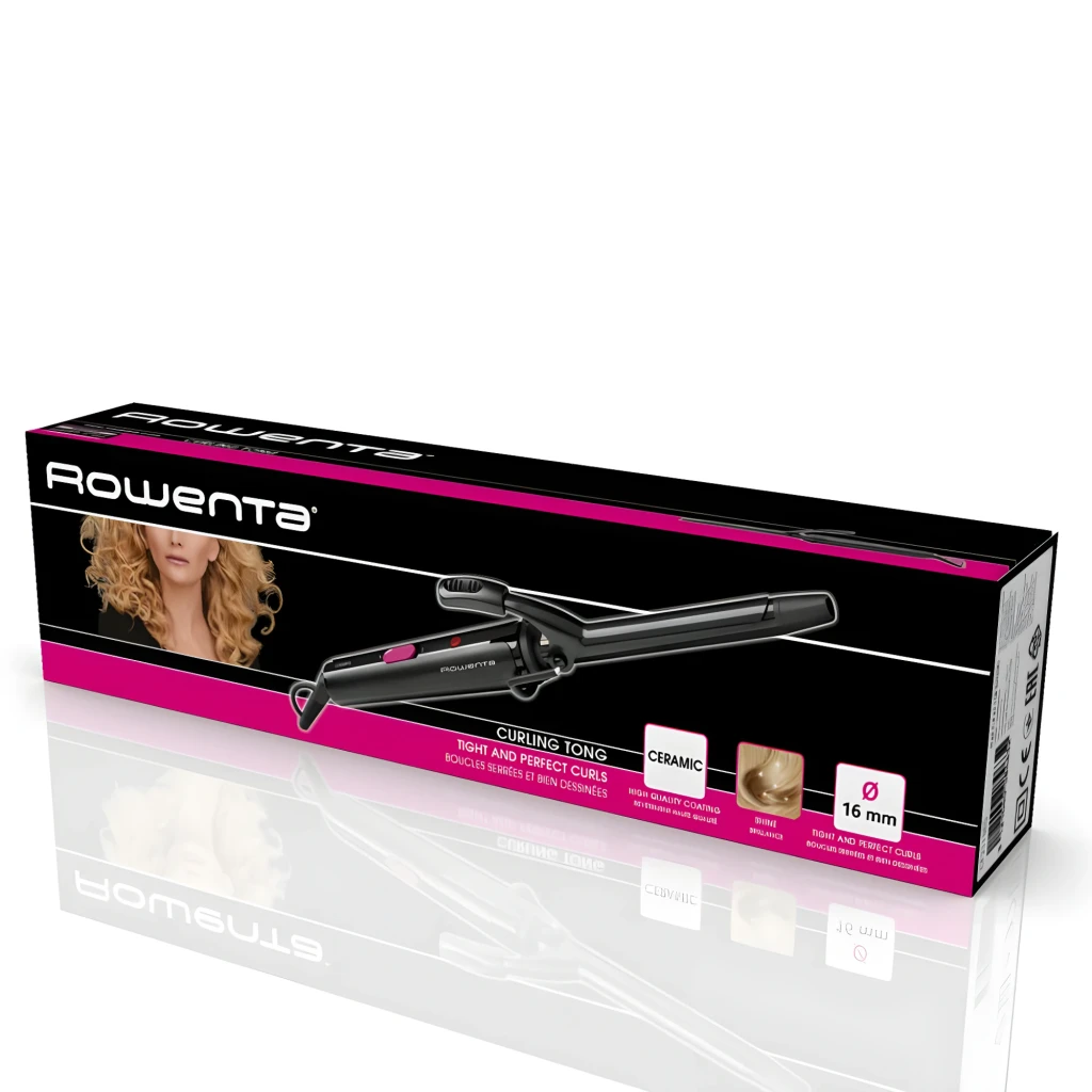 Rowenta Modelador CF2119 Express Style Preto, vista principal: modelador diagonal com pinça fechada e botão rosa visível - Item2