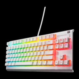 SteelSeries Apex 3 TKL branco, vista em ângulo: teclas brancas com retroiluminação RGB multicolor e cabo branco