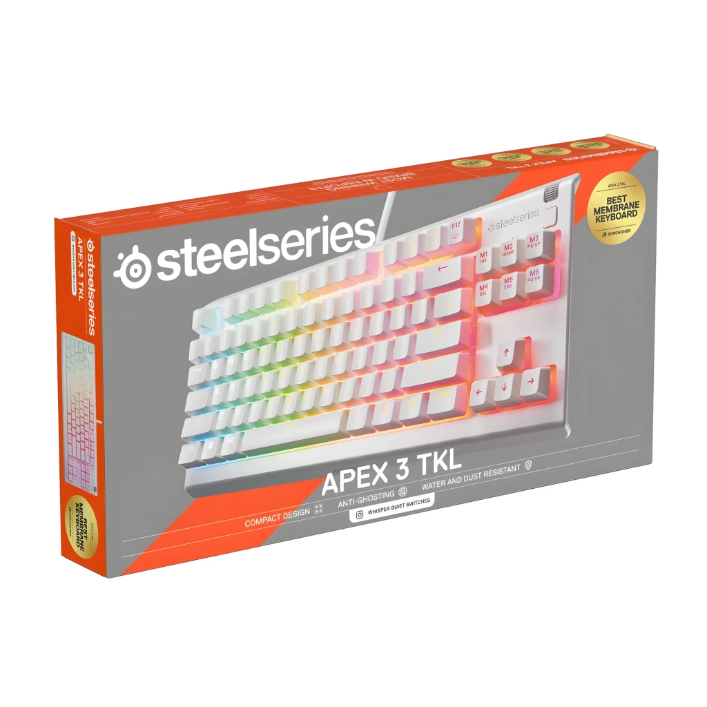 SteelSeries Apex 3 TKL blanc, vue en angle: touches blanches avec rétroéclairage RGB multicolore et câble blanc - Ítem2