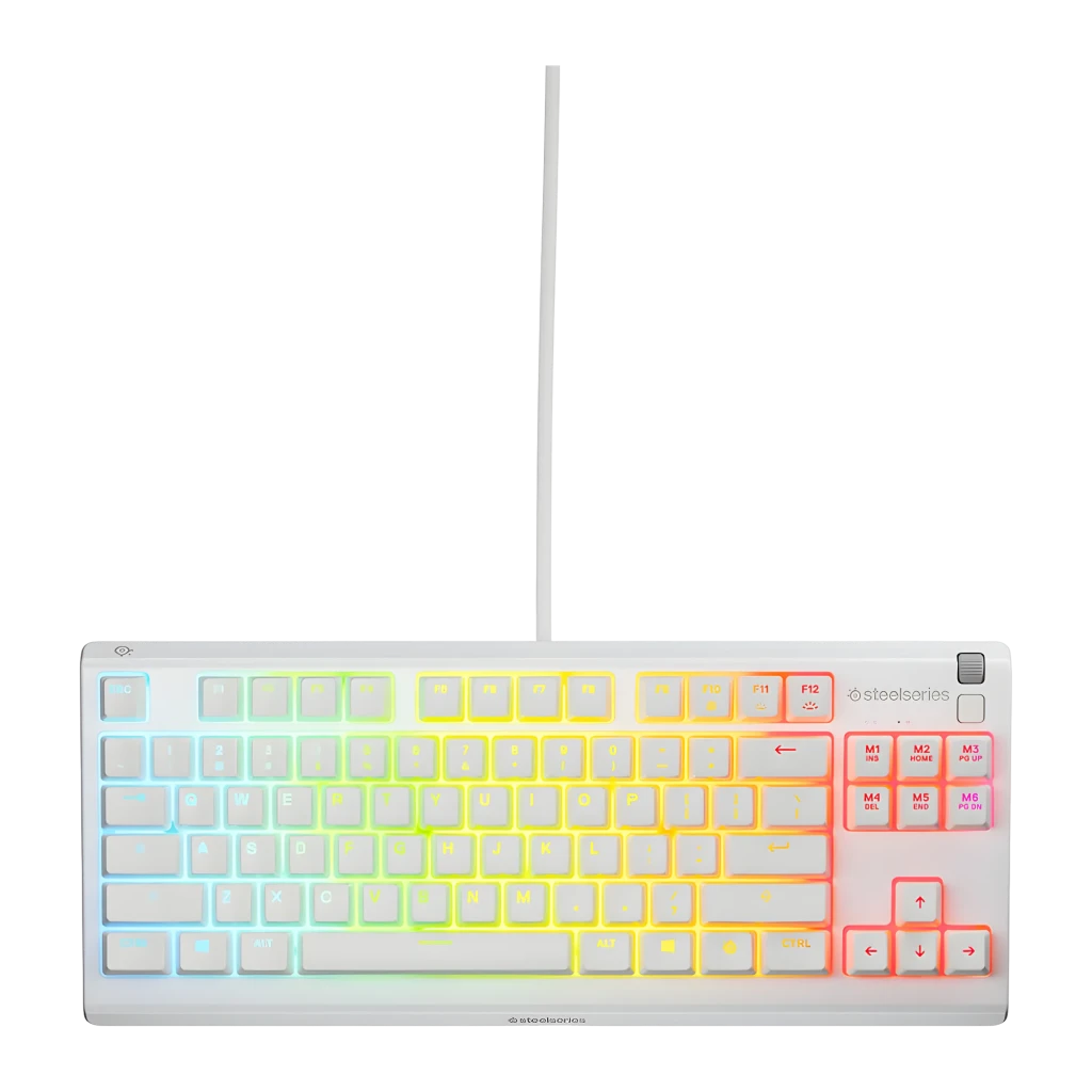 SteelSeries Apex 3 TKL blanc, vue en angle: touches blanches avec rétroéclairage RGB multicolore et câble blanc - Ítem1