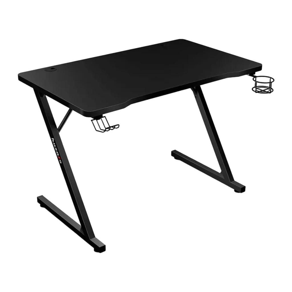 Huzaro Bureau gaming Hero 1.8 Noir, vue en perspective: éclairage RGB sur le bord, pieds en Z, laptop, souris, casque et - Ítem1