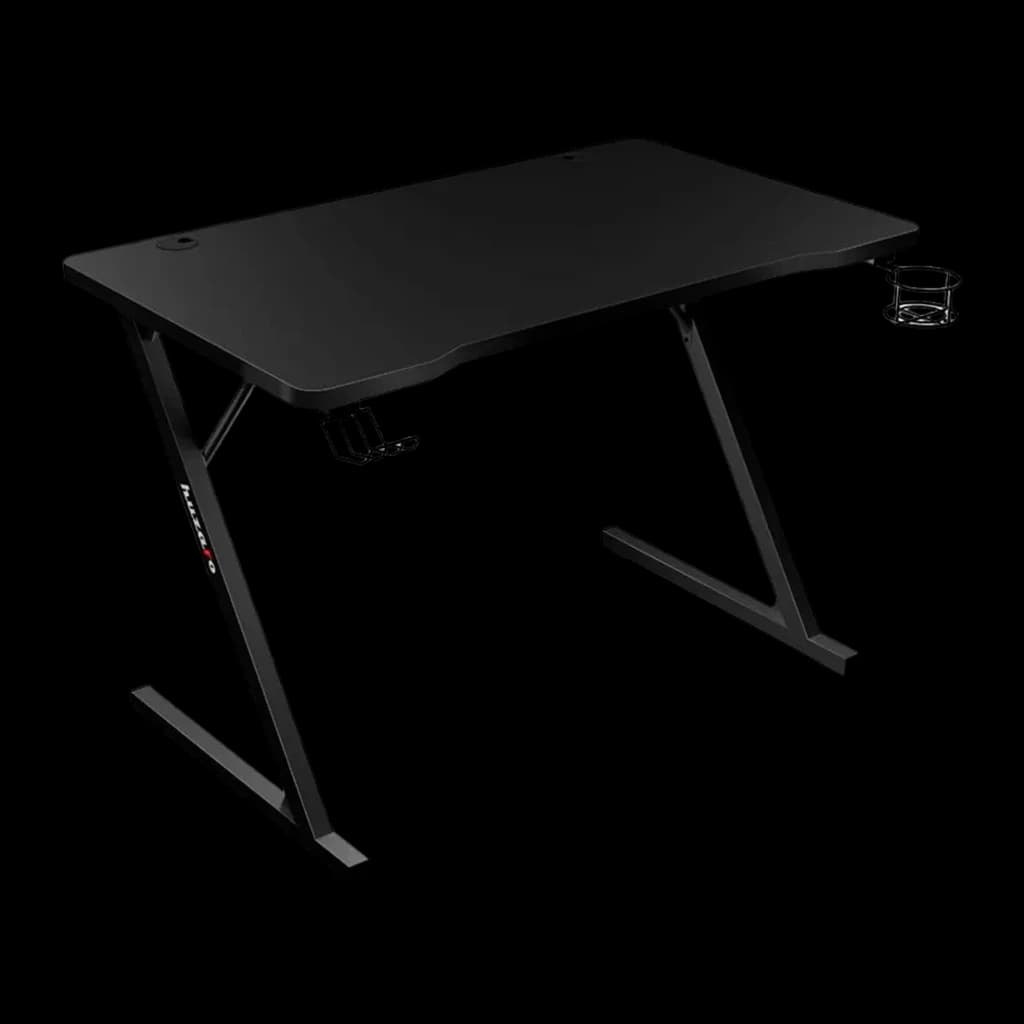 Huzaro Mesa gaming Hero 1.8 Negro, vista en ángulo: estructura Z metálica, logo Huzaro en pata y portavasos en esquina