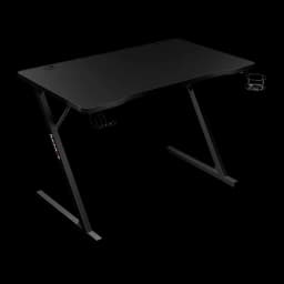 Huzaro Mesa gaming Hero 1.8 Negro, vista en ángulo: estructura Z metálica, logo Huzaro en pata y portavasos en esquina