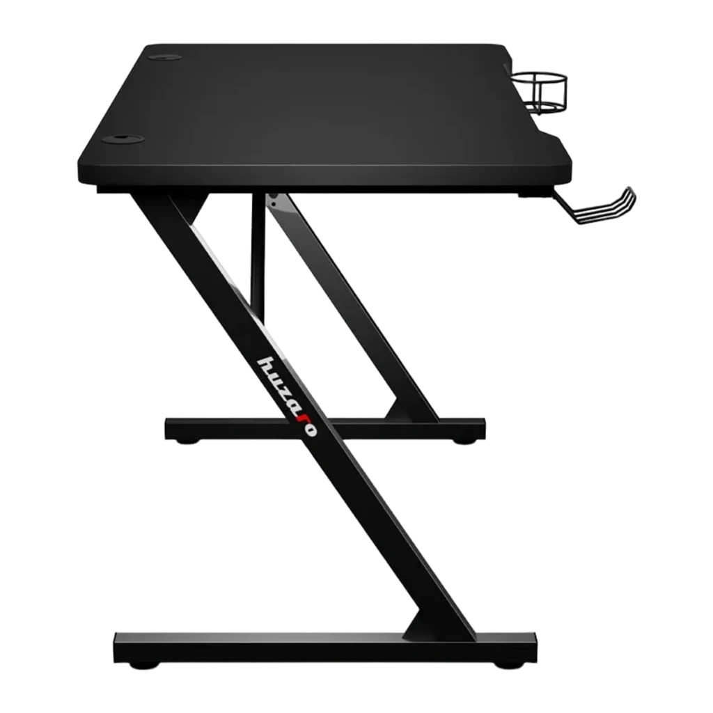 Huzaro Bureau gaming Hero 1.8 Noir, vue en perspective: éclairage RGB sur le bord, pieds en Z, laptop, souris, casque et - Ítem2