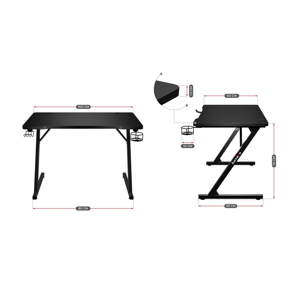 Huzaro Bureau gaming Hero 1.8 Noir, vue en perspective: éclairage RGB sur le bord, pieds en Z, laptop, souris, casque et - Ítem3