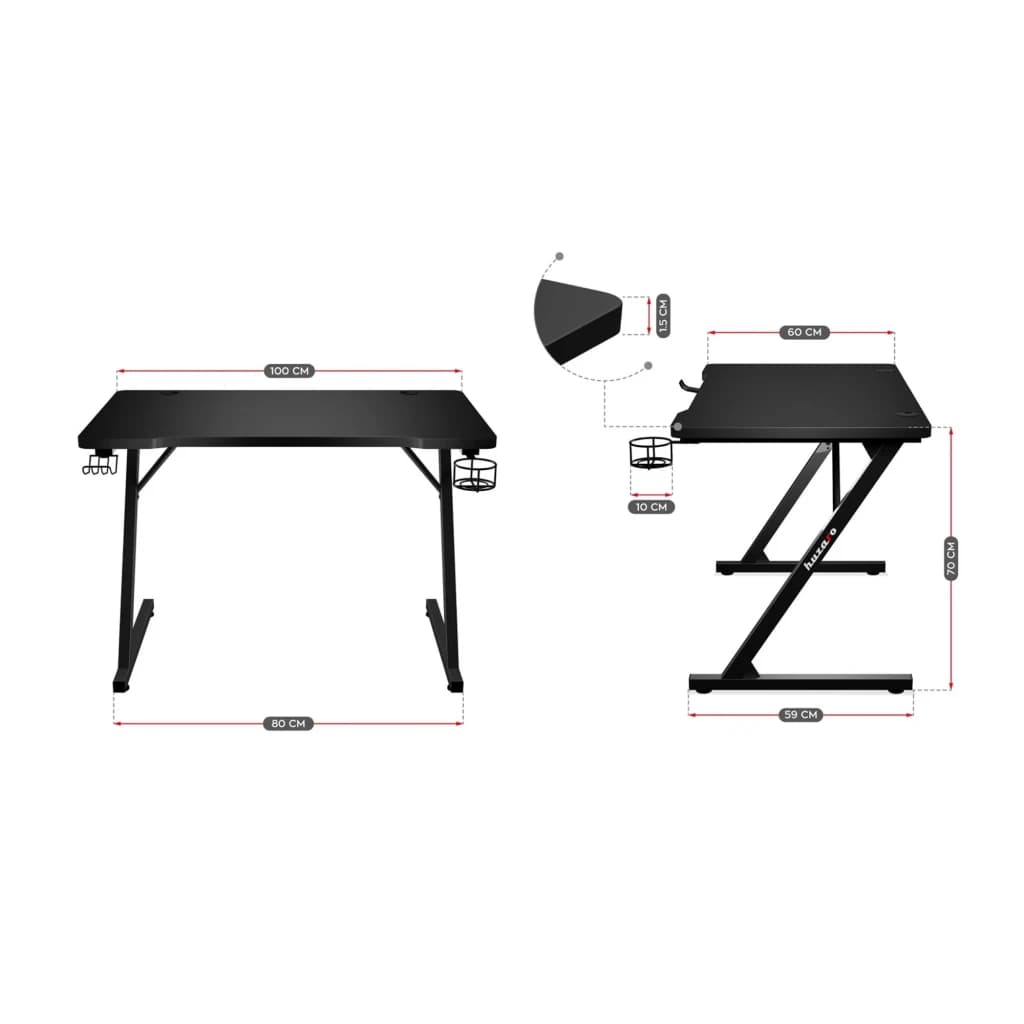 Huzaro Mesa gaming Hero 1.8 Negro, diagrama de dimensiones: vistas frontal y lateral con medidas en cm