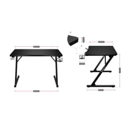 Huzaro Mesa gaming Hero 1.8 Negro, diagrama de dimensiones: vistas frontal y lateral con medidas en cm