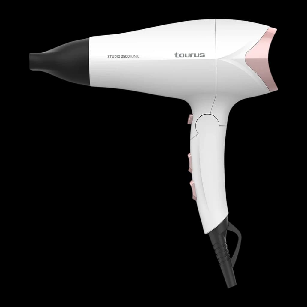 Taurus Sèche-cheveux Studio 2500 Ionic Blanc, vue latérale: corps blanc avec détails or rose, buse noire et boutons latéraux