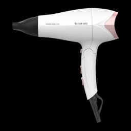 Taurus Secador Studio 2500 Ionic Branco, vista lateral: corpo branco com detalhes rosa dourado, bocal preto e botões laterais