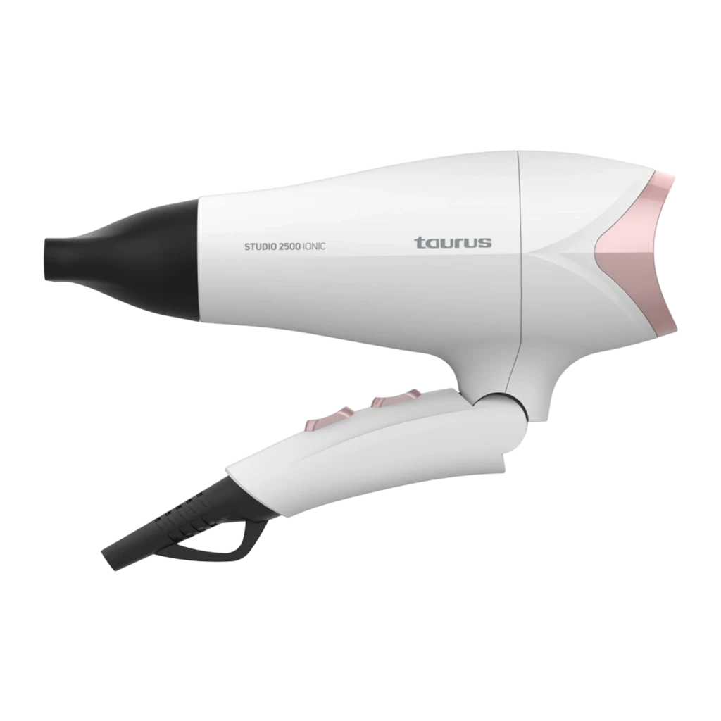 Taurus Secador Studio 2500 Ionic Blanco, vista lateral: cuerpo blanco con detalles rosa dorado, boquilla negra y botones - Ítem1