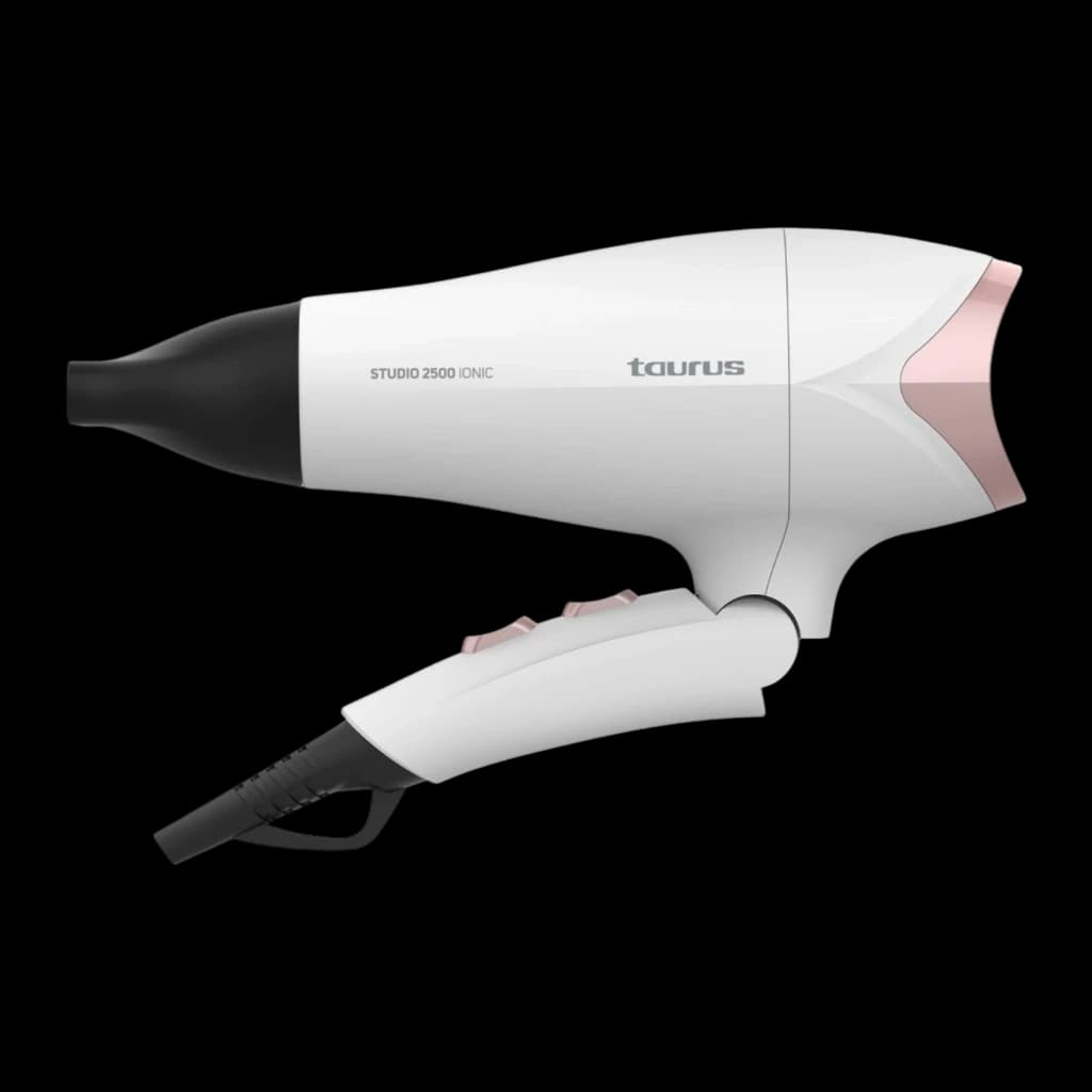 Taurus Sèche-cheveux Studio 2500 Ionic Blanc, vue latérale inclinée: poignée pliable visible, boutons roses et câble noir