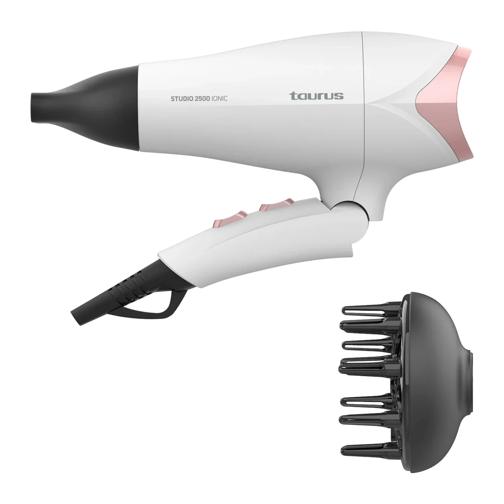 Taurus Secador Studio 2500 Ionic Blanco, vista lateral: cuerpo blanco con detalles rosa dorado, boquilla negra y botones - Ítem3