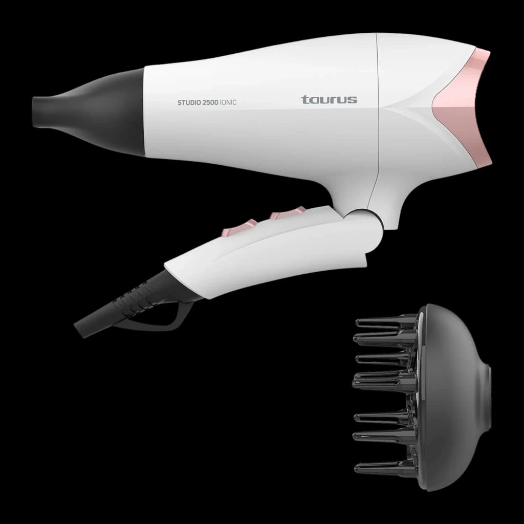 Taurus Studio 2500 Ionic Blanc, vue latérale: sèche-cheveux avec diffuseur séparé, détails or rose et cordon noir