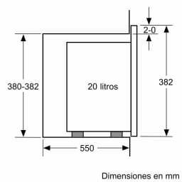 Balay 3CG5172N2 cristal noir, schéma des dimensions: 550mm largeur, 380-382mm hauteur, 20 litres capacité