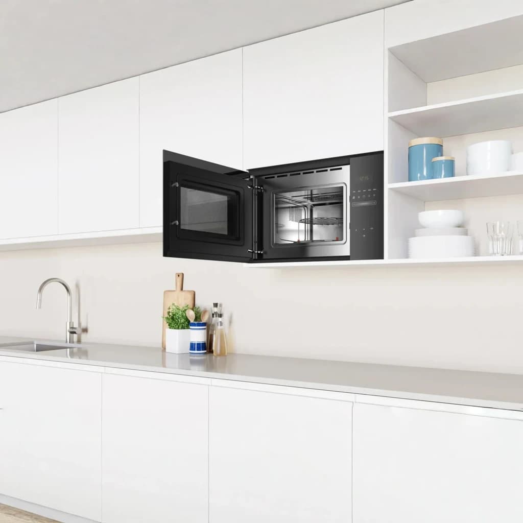Balay 3CG5172N2 verre noir, encastré en cuisine: porte ouverte révélant l'intérieur avec grille et panneau tactile