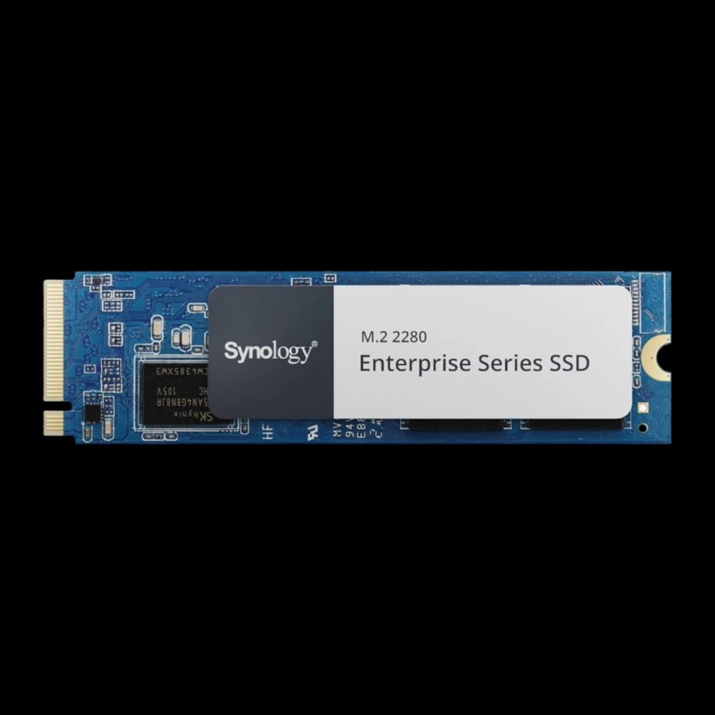 Synology SNV5420 1600GB SSD M.2 2280 NVMe, vue de face: PCB bleu avec dissipateur bicolore et étiquette Enterprise Series