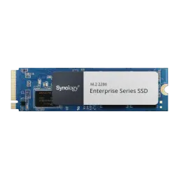 Synology SNV5420 1600GB SSD M.2 2280 NVMe, vue de face: PCB bleu avec dissipateur bicolore et étiquette Enterprise Series