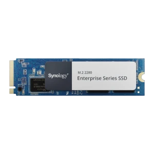 Synology SNV5420 1600GB SSD M.2 2280 NVMe, vista frontal: PCB azul com dissipador bicolor e etiqueta Enterprise Series
