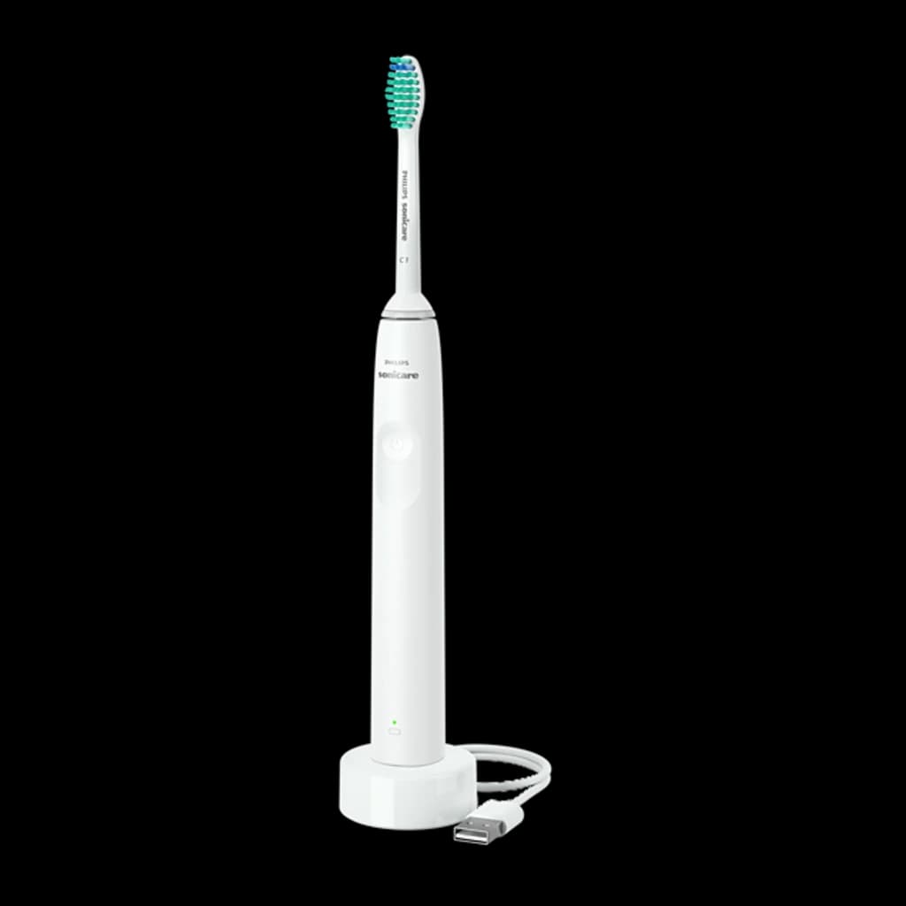 Philips Sonicare 2100 Series HX3651/13 blanc, vue de face: brosse sur base chargeur avec câble USB branché et voyant LED vert