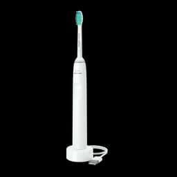 Philips Sonicare 2100 Series HX3651/13 blanc, vue de face: brosse sur base chargeur avec câble USB branché et voyant LED vert