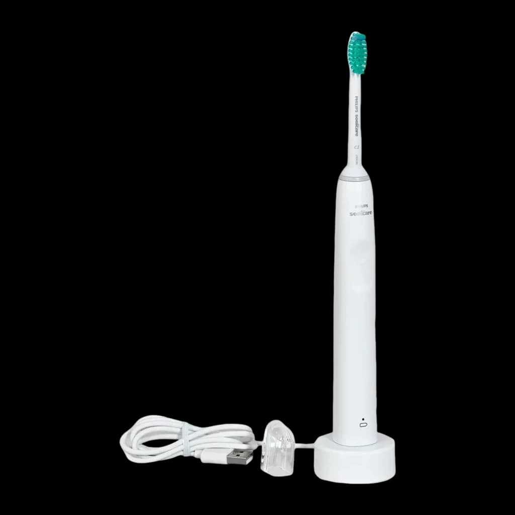 Philips Sonicare 2100 Series HX3651/13 blanc, vue de face: brosse sur base chargeur avec câble USB enroulé sur la surface
