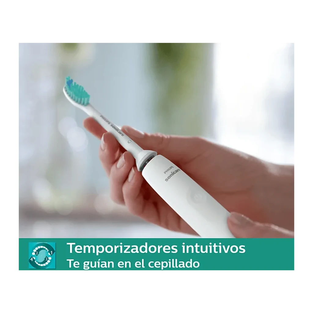 Philips Sonicare 2100 Series HX3651/13 blanc, vue de face: brosse sur base chargeur avec câble USB branché et voyant LED vert - Ítem3