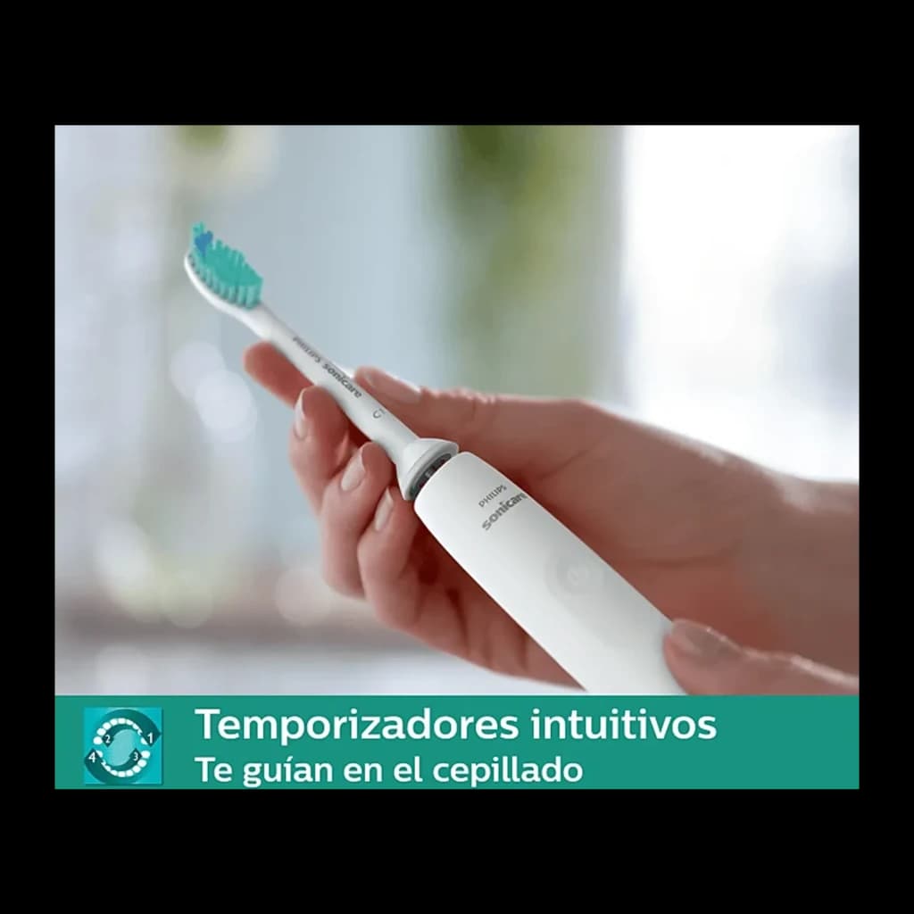 Philips Sonicare 2100 Series HX3651/13 Blanc, en main: manche blanc avec logo et tête turquoise tenu par une main