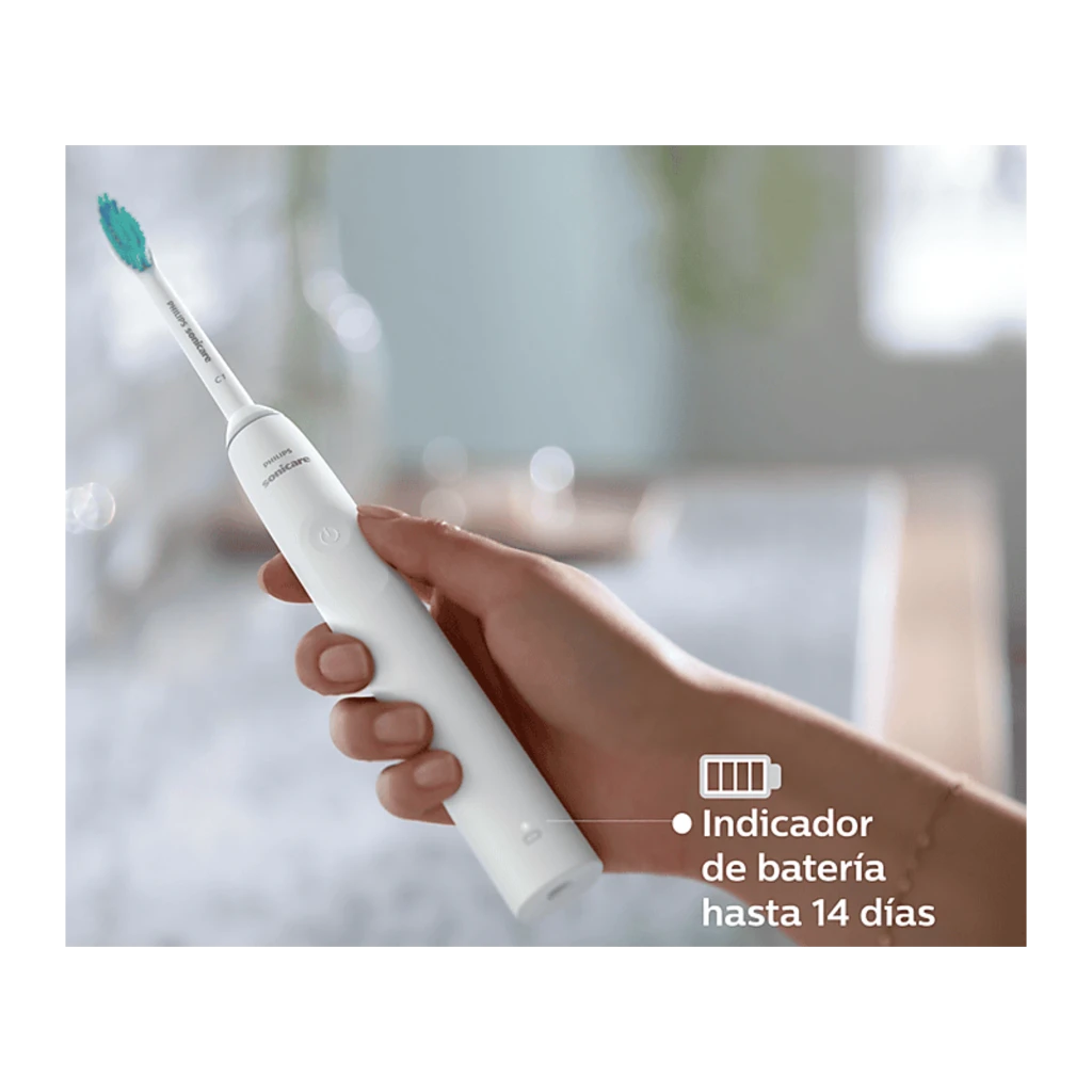 Philips Sonicare 2100 Series HX3651/13 blanc, vue de face: brosse sur base chargeur avec câble USB branché et voyant LED vert - Ítem4