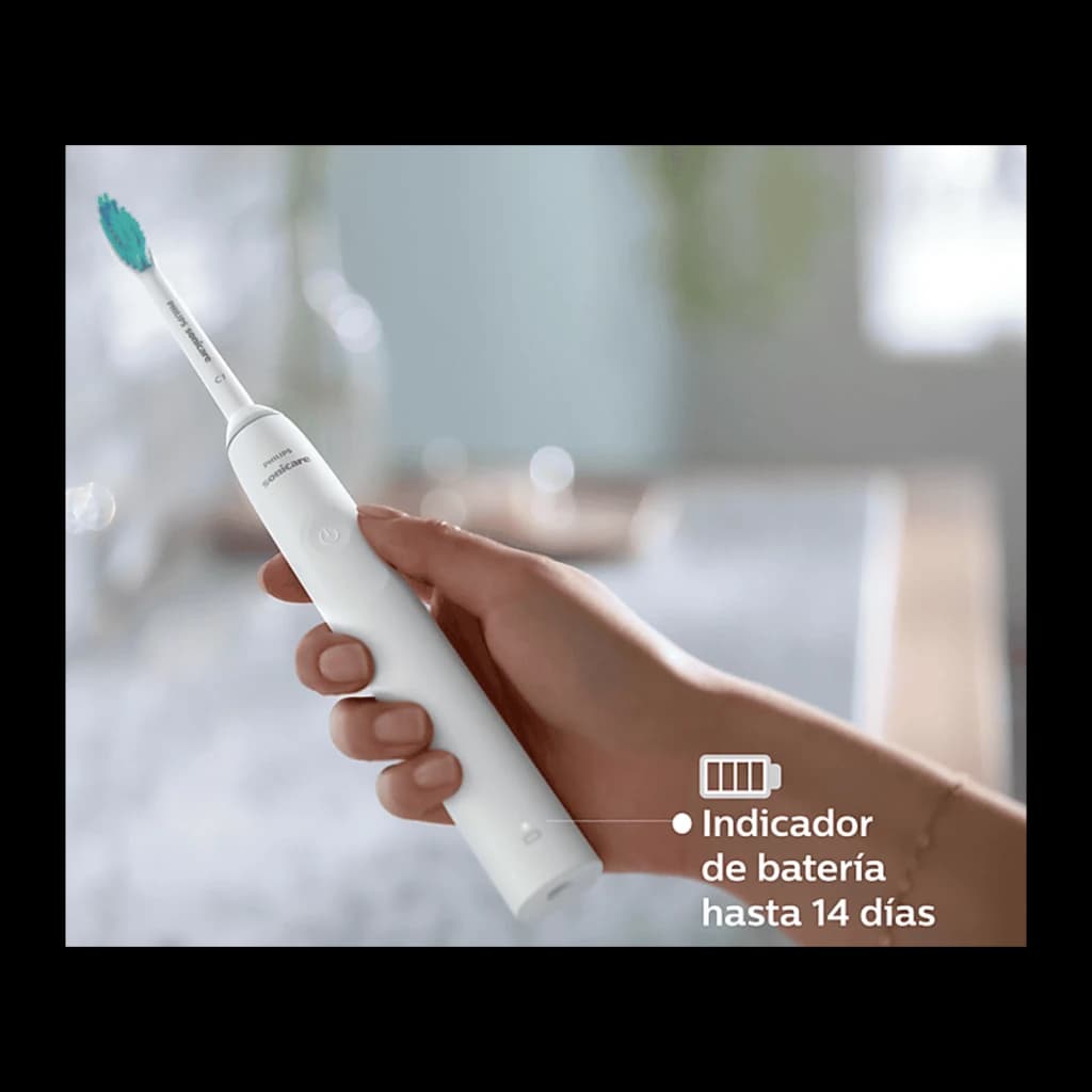 Philips Sonicare 2100 Series HX3651/13 blanc, en main: manche blanc avec indicateur de batterie jusqu'à 14 jours mis en avant