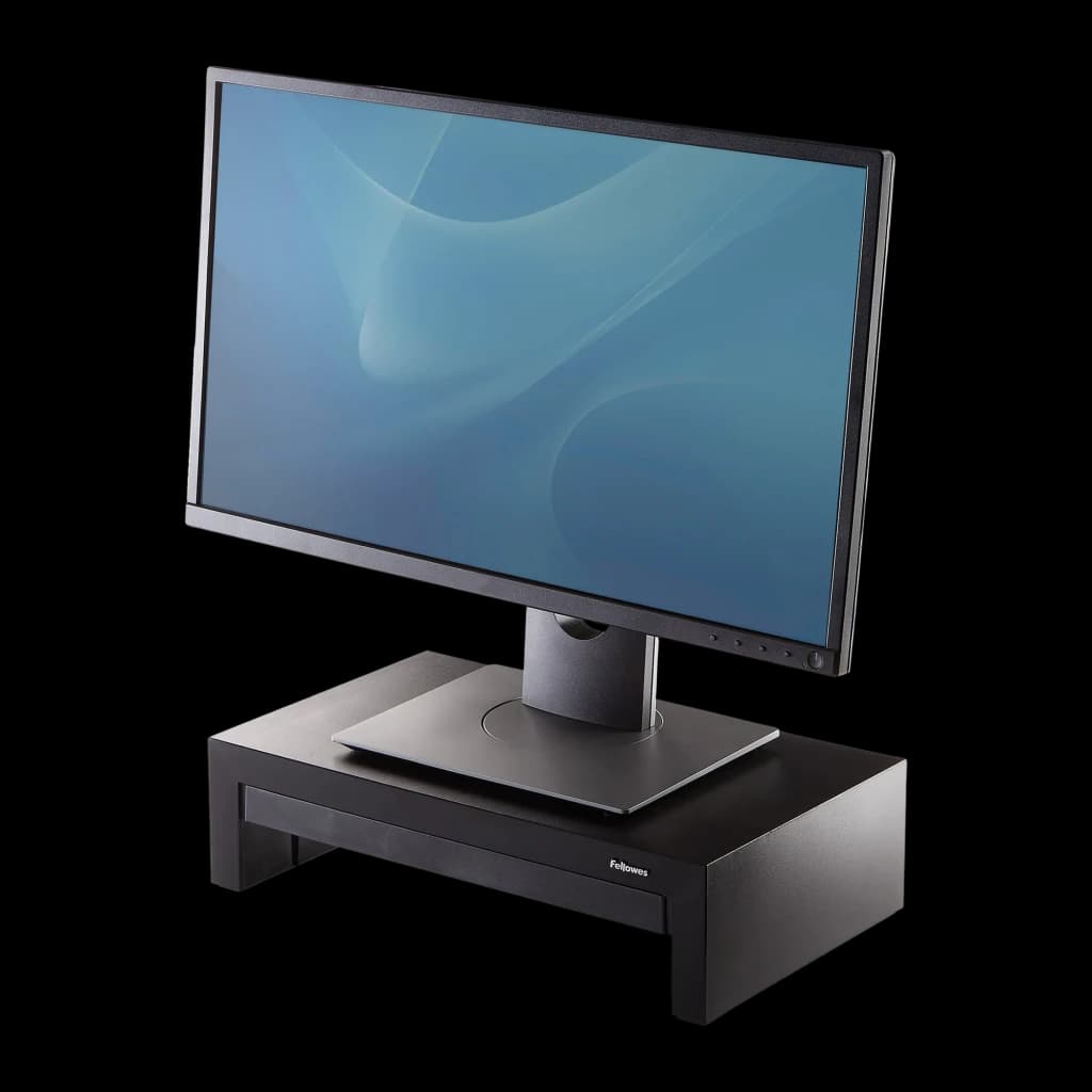 Fellowes Support Moniteur Designer Suites 8038101 Noir Nacré, vue angulaire: support surélevé avec moniteur dessus, tiroir